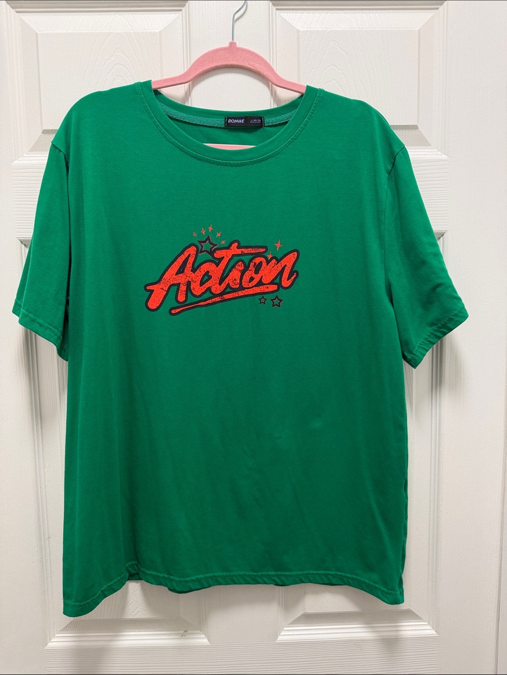 ROMWE Green Tee with Red 'Action' Graphic